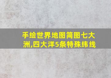 手绘世界地图简图七大洲,四大洋5条特殊纬线